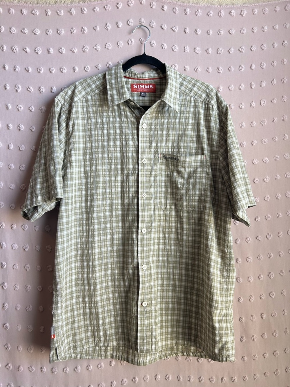 Simms Men’s Short Sleeve Button Up Plaid Shirt Sz XL Green